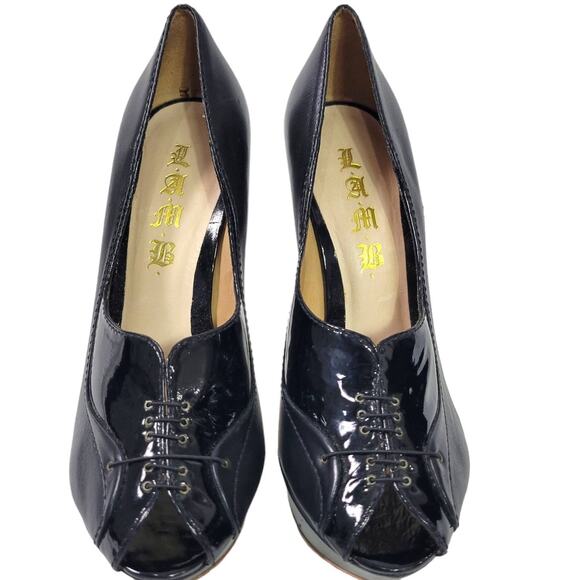 LAMB Peep Toe Stiletto Heel Black Leather Corset Platform Patent Dressy Size 8.5 - Picture 2 of 15